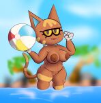  absurd_res animal_crossing anthro ball beach_ball breasts brown_nipples domestic_cat fangs felid feline felis female fuzefurry genitals hi_res inflatable katt_(animal_crossing) mammal nintendo nipples pussy solo tagme video_games water wet 