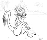  2014 anthro asian_clothing breasts clothing east_asian_clothing feathered_snake feathers female genitals girokett grass greyscale looking_at_viewer monochrome on_ground outside plant pussy reptile scalie signature sitting sketch snake solo thick_thighs tree 