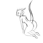  1:1 2014 anthro breasts butt dragon female genitals girokett greyscale kneeling looking_at_viewer monochrome nude open_mouth pussy raised_tail side_boob simple_background sketch solo thick_thighs unfinished white_background 