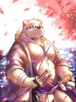  2021 anthro asian_clothing belly cai_yuwang clothing detailed_background east_asian_clothing eyewear fundoshi glasses hi_res humanoid_hands japanese_clothing kemono leib leib_(tas) lifewonders male mammal moobs nipples outside overweight overweight_male plant polar_bear solo tokyo_afterschool_summoners tree underwear ursid ursine video_games weapon white_clothing white_fundoshi white_underwear 