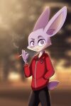  2019 absurd_res anthro blurred_background bottomwear buckteeth cigarette clothed clothing detailed_background digital_drawing_(artwork) digital_media_(artwork) female fully_clothed fur head_tuft hi_res inner_ear_fluff kennyoung lagomorph leporid long_ears mammal outside pin_button pink_body pink_fur purple_eyes rabbit riley_(scratch21) scratch21 scut_tail short_tail smoking solo standing tan_body tan_fur teeth topwear tracksuit tuft 
