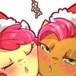 1:1 alpha_channel apple_bloom_(mlp) babs_seed_(mlp) blush christmas christmas_clothing christmas_headwear clothing cold-blooded-twilight duo earth_pony equid equine eyes_closed female female/female feral freckles friendship_is_magic half-closed_eyes hasbro hat headgear headwear holidays horse imminent_kiss mammal mistletoe my_little_pony narrowed_eyes open_mouth plant pony pressing_against santa_hat simple_background transparent_background young 