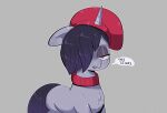  2021 another_pony_(artist) beret clothing dialogue digital_media_(artwork) equid equine eyeshadow female feral floppy_ears fur gloomy_sonnet_(mlp) grey_background hair hasbro hat headgear headwear hi_res horn horse makeup mammal mlp_g5 my_little_pony one_eye_obstructed pony simple_background solo speech_bubble unicorn 