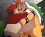  2021 anthro balls blush bowser butt clothing duo embrace erection facial_hair genitals hat headgear headwear hug human human_on_anthro humanoid_genitalia humanoid_hands humanoid_penis interspecies kemono kissing koopa male male/male mammal mario mario_bros mustache nintendo overweight overweight_male penis penta002 scalie shirt topwear video_games 