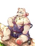  2021 anthro cai_yuwang clothing eyewear glasses humanoid_hands kemono male mammal moobs nipples overalls overweight overweight_male polar_bear sitting solo ursid ursine white_body 