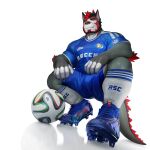  1:1 3d_(artwork) 5_fingers absurd_res anthro ball biped blue_bottomwear blue_clothing blue_footwear blue_shirt blue_shoes blue_shorts blue_topwear bottomwear canid canine canis clothed clothing crouching digital_media_(artwork) facial_scar fingers footwear fur grey_body grey_fur hair hi_res male mammal o_(takahirosi) red_eyes red_hair reflection scar shirt shoes shorts simple_background soccer_ball soccer_uniform socks solo sportswear takahirosi topwear uniform white_background white_body 