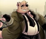  2021 anthro biped black_nose bottomwear clothing detailed_background humanoid_hands john_vithor male mammal murid murine necktie outside overweight overweight_male pants rat rodent shirt solo topwear 