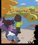  2019 4_fingers 5_fingers anthro city clothed clothing deltarune detailed_background dinosaur female fingers food group human kris_(deltarune) lake male mammal nyusu_ut onion onionsan outside plant purple_body reptile scalie sky smile surprise surprised_expression susie_(deltarune) tree trio undertale_(series) vegetable video_games yellow_body 