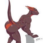  1:1 2017 5_fingers anthro bent_over big_butt blue_eyes bubble_butt butt dragon duke_storm fingers girokett half-closed_eyes hi_res horn male markings narrowed_eyes nude raised_tail red_markings scalie side_view signature simple_background solo white_background 
