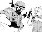  4:3 anthro armor calhoun_(wartorn) canid canine clothed clothing deezchief duo faun_(wartorn) flag fur gun hair hat headgear headwear holding_object holding_weapon human humanoid jackson_vonhue_(wartorn) male mammal marines military monochrome ranged_weapon rifle semi-automatic simple_background standing uniform united_states_of_america wartorn weapon 