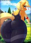  &lt;3 2021 anthro anthrofied applejack_(mlp) blonde_hair blue_hair blurred_background blush breasts butt butt_focus clothed clothing day dialogue digital_media_(artwork) earth_pony english_text equid equine eyebrows eyelashes female friendship_is_magic fur green_eyes hair hasbro hi_res horse long_hair looking_at_viewer looking_back mammal my_little_pony orange_body orange_fur outside pony solo text twistedscarlett60 url 