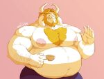  2021 alternate_version_at_source anthro arm_hair asgore_dreemurr beard belly big_belly big_muscles big_nipples blonde_eyebrows blonde_hair body_hair boss_monster bottomwear bovid caprine chest_hair clothed clothing container cup eyebrows eyes_closed facial_hair fur gesture goat hair holding_cup holding_object horn huge_muscles long_ears male mammal musclegut muscular muscular_anthro muscular_male nipples overweight overweight_anthro overweight_male pants pecs pink_background pink_nipples signature simple_background smile solo standing tea_cup topless topless_male tuft undertale undertale_(series) video_games waving white_body white_fur white_horn yongdasom 