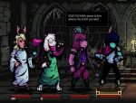  2021 anthro antlers armband armor axe barefoot book bovid bracelet capreoline caprine cervid clothed clothing darkest_dungeon deltarune dinosaur english_text eyewear feet female glasses goat group hi_res horn human humor jewelry kris_(deltarune) kris_where_are_we male mammal melee_weapon meme noelle_holiday obscured_eyes profanity ralsei red_nose reindeer reptile scalie scarf screencap screencap_background spiked_armband spiked_bracelet spikes style_parody susie_(deltarune) sword text text_box undertale_(series) veryrussiancorn video_games weapon 