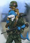  absurd_res anthro armor black_sclera blue_eyes canid canine canis carrying ciggarate clock clothing domestic_dog duo fish german_shepherd gun headgear helmet herding_dog hi_res krahs_(krahs_tsai) krahs_tsai looking_aside looking_at_viewer looking_away male mammal marine military military_uniform multicolored_body pastoral_dog piggyback ranged_weapon rifle shark shirt smoking tank_top topwear two_tone_body uniform vietnam vietnam_war war watch weapon young 