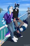  2021 4_toes 5_fingers anthro blue_body blue_fur blue_hair canid canine clothed clothing day detailed_background digital_media_(artwork) feet fingers fur group hair male mammal outside sinalanf sky smile toes 