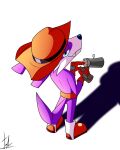  anthro clothing fang_the_sniper gun hat headgear headwear lechugansfw looking_back male mammal mustela mustelid musteline purple_body ranged_weapon sega simple_background solo sonic_the_fighters sonic_the_hedgehog_(series) true_musteline weapon 