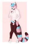  anthro balls canid canine clothed clothing digital_media_(artwork) erection fur genitals hi_res humanoid_genitalia male mammal penis pink_body samuelwolfo simple_background smile solo submissive tongue 