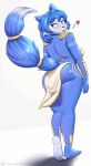  2021 anthro blue_body blue_fur blush butt_pose canid canine clothing eyebrows eyelashes female fox fur hi_res krystal looking_back mammal nexcoyotlgt nintendo open_mouth pose simple_background slightly_chubby solo standing star_fox text url video_games white_background 