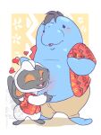  &lt;3 2021 3:4 animal_crossing anthro black_body blue_body blush bottomwear clothed clothing duo eclipsewolf embrace eyes_closed haplorhine hi_res hug male mammal manatee marine monkey niko_(animal_crossing) nintendo open_clothing open_shirt open_topwear overweight overweight_male pants primate shirt sirenian topwear video_games wardell_(animal_crossing) white_body 