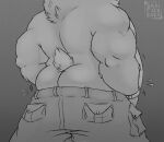  2020 anthro big_butt biped bottomwear butt clothed clothing dressing fur hi_res male mammal monochrome musclegut pants partially_clothed rear_view sagging simple_background skaifox solo tight_clothing ursid 