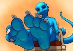  2012 3_toes anthro barefoot blue_body digital_media_(artwork) donamer dragon feet foot_focus humanoid_feet looking_at_viewer male nude scalie sitting sitting_on_chair soles solo toes western_dragon xtreme7 