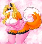  absurd_res anthro big_breasts blonde_hair blue_eyes bottomwear breasts canid canine cassielink cheek_tuft clothing digital_drawing_(artwork) digital_media_(artwork) digital_painting_(artwork) facial_tuft female fluffy fluffy_tail fox fur fur_markings hair hi_res inner_ear_fluff leggings legwear long_hair mammal markings neck_tuft orange_body orange_fur pink_clothing pinup ponytail pose sketch skirt solo tail_tuft thick_thighs tuft tufted_ears tufted_fur underwear 