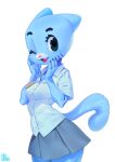  2021 anthro aruurara blue_body blue_fur bottomwear button_(fastener) cartoon_network clothing domestic_cat dress_shirt felid feline felis female fur hi_res mammal nicole_watterson one_eye_closed shirt simple_background skirt solo the_amazing_world_of_gumball topwear white_background 