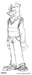  2002 anthro biped bottomwear canid canine canis chest_tuft circles_(comic) clothing domestic_dog eyewear floppy_ears footwear front_view full-length_portrait glasses greyscale k-9 looking_aside male mammal monochrome pants paul_mayhew portrait shirt shoes sketch smile solo standing topwear traditional_media_(artwork) tuft vest 