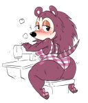  animal_crossing anthro big_butt blush bodily_fluids brown_body brown_hair butt female freckles hair hi_res looking_at_viewer looking_back looking_back_at_viewer mammal mhdrawin nintendo porcupine rodent sable_able sewing_machine simple_background sitting solo sweat thick_thighs video_games white_background 