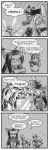  4koma alyssa_(tetsushi) ambiguous_gender anthro beltrax_kagayaki breath canid canine comic dialogue dialogue_box dipstick_ears duo english_text explosion female fire fox greyscale group happy hi_res human kerchief lagomorph leporid lily_(tetsushi) mammal monochrome multicolored_ears necktie no_pupils onomatopoeia open_mouth rabbit shocked sound_effects sparkles tetsushi text young 
