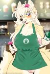  accessory allie_von_schwarzenbek anthro apron apron_only areola belsnep beverage black_nose blonde_hair blue_eyes blurred_background blush body_blush breasts canid canine cleavage clothed clothing coffee_cup coffee_shop container cup digital_media_(artwork) female flower flower_in_hair genitals green_apron hair hair_accessory hair_over_eye holding_beverage holding_coffee_cup holding_cup holding_object holding_pen i_mean_breast_milk long_hair looking_at_viewer mammal meme mostly_nude nipples one_eye_obstructed open_mouth pen pink_areola pink_nipples plant pussy pussy_blush shaded solo steam text url 