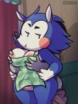  2021 animal_crossing anthro apron apron_only bitebox64 blue_body blue_fur breasts clothed clothing duo eulipotyphlan faceless_character faceless_male female female_focus front_view fur genitals groping_breasts groping_from_behind hedgehog hi_res mabel_able male male/female mammal mostly_nude nintendo nipples one_breast_out pants_down partially_clothed penis sex smile solo_focus thigh_sex video_games 