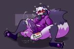  3:2 anthro arctic_fox balls big_penis blush bodily_fluids bottomless canid canine clothed clothing digital_media_(artwork) drooling dust_(mewgle) edging erection fox fur genital_fluids genitals grey_body grey_fur hair hindpaw male mammal meme mewgle no_nut_november nonbinary_(lore) open_mouth paws penis precum profanity saliva shaking sign signature simple_background solo sweater text throbbing tongue topwear trembling 