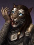  2021 5_fingers bethesda_softworks blue_eyes clothed clothing digital_media_(artwork) felid feline fingers irbeus khajiit mammal open_mouth smile teeth the_elder_scrolls tongue video_games 