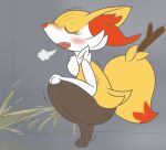  anthro black_body black_fur blush bodily_fluids braixen breath breathing butt canid canine chest_tuft crouching eyes_closed female fur genital_fluids grey_background mammal nintendo open_mouth panting peeing pok&eacute;mon pok&eacute;mon_(species) shaking side_view sigh simple_background solo splashing tears tomukemono trembling tuft urine urine_stream video_games yellow_body yellow_fur 