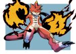  anthro bandai_namco betelgammamon claws digimon digimon_ghost_game elemental_manipulation fire fire_manipulation horn male muscular muscular_anthro muscular_legs muscular_male niwan pecs red_body scarf solo yellow_eyes 