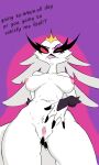  absurd_res angry anthro aptom7747 avian big_breasts bird breasts claws clothing crown demon dialogue feathers female genitals helluva_boss hi_res legwear looking_at_viewer low-angle_view mature_female mostly_nude navel nipples non-mammal_breasts owl pink_nipples pink_pussy pussy red_eyes simple_background solo stella_(helluva_boss) thigh_highs white_body white_feathers 