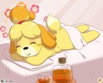  alcohol animal_crossing anthro beverage blush blush_stickers canid canine canis domestic_dog eyes_closed female flower furboz isabelle_(animal_crossing) mammal massage_table nintendo nude plant shih_tzu solo tail_motion tailwag towel towel_only toy_dog video_games whiskey 