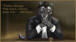 16:9 alcohol anthro bar bethesda_softworks beverage border cane clothed clothing domestic_cat felid feline felis hair hi_res khajiit looking_at_viewer male mammal mane pantherine russian_blue solo suit the_elder_scrolls tiger video_games widescreen wolfywetfurr_(artist) yellow_border 