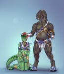  absurd_res alien anklet anthro argonian bangle bethesda_softworks biped bottomwear bracelet breasts claws clothing collar countershading dominant dominant_male feathers female genitals green_body green_markings grey_body halo_(series) hand_on_head hi_res horn jewelry kneeling ladychimaera leash loincloth male markings microsoft mostly_nude pussy red_body red_feathers red_markings ryzo_murgan sangheili scalie shows-her-scales slightly_chubby split_jaw submissive submissive_female the_elder_scrolls video_games xbox_game_studios yellow_eyes 