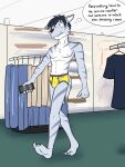  3:4 anthro briefs bulge cellphone clothed clothes_hanger clothing countershading dialogue english_text fuze grey_body grey_seam_underwear grey_stripes hi_res holding_cellphone holding_object holding_phone male navel nervous nipples phone public solo store stripes text topless underwear underwear_only unknown_species walking white_body white_countershading yellow_briefs 