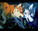  ambiguous_gender ayaka blood blue_eyes bodily_fluids canid canine canis domestic_dog duo fangs feral fur glowing glowing_eyes grey_body grey_fur group kyappy mammal nordic_sled_dog open_mouth red_eyes shiba_inu shibeta spitz white_body white_fur wounded 