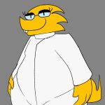  1:1 alphys anthro belly box_comet buckteeth clothing coat eyewear female front_view glasses hi_res lab_coat lizard looking_at_viewer overweight overweight_anthro overweight_female portrait reptile scales scalie simple_background smile solo standing teeth thick_tail three-quarter_portrait topwear undertale undertale_(series) video_games wide_hips yellow_body yellow_scales 