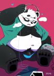  2021 anthro balls belly black_body black_nose blush clothed clothing controller eyewear flaccid game_controller genitals giant_panda glasses headphones hi_res kemono male mammal moobs navel open_clothing open_shirt open_topwear overweight overweight_male penis phone shirt simple_background sitting solo topwear underwear uokkom ursid white_body 