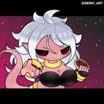  1:1 2d_animation animated big_breasts black_bars breasts chibi cleavage clothed clothing dessert doughnut dragon_ball female food hair high_framerate huge_breasts humanoid majin majin_android_21 midriff motion_tweening open_mouth pink_body pink_skin red_eyes seiro_art short_playtime solo white_hair 