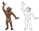  2017 3_toes 4_fingers anthro barefoot belly biceps big_abs big_muscles big_pecs big_quads black_nose blue_speedo bristol brown_arms brown_belly brown_body brown_chest brown_ears brown_eyebrows brown_face brown_feet brown_fur brown_hands brown_legs brown_neck brown_toes brown_whiskers chin_tuft claws clothed clothed_anthro clothed_male clothing colored deltoids digital_drawing_(artwork) digital_media_(artwork) eyebrows facial_tuft feet fingers front_view full-length_portrait fur gesture hi_res humanoid_hands looking_away lutrine male male_anthro mammal muscular muscular_anthro muscular_male mustelid navel obliques pecs plantigrade portrait raised_hand serratus shaded simple_background small_ears solo speedo speedo_only standing swimwear toes topless topless_anthro topless_male triceps waving white_background white_claws 