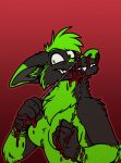  2018 anthro barbed_wire black_body black_fur blood bodily_fluids canid canine canis digital_media_(artwork) female fox fur gatorguts gore green_body green_fur hi_res hybrid looking_at_viewer mammal masochism nexus_folf pain red_background self_harm simple_background smile solo tears teeth text url watermark wolf wounded 