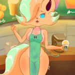  1:1 :3 anthro appliance apron apron_only beverage breasts canid canine cleavage clothed clothing coffee coffee_machine coffee_maker container cup digital_media_(artwork) female fox green_apron hi_res i_mean_breast_milk kitchen_appliance looking_at_viewer mammal meme mostly_nude navel navel_outline nipples nude open_mouth pixyfox23 side_boob smile solo standing 