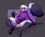  anthro arctic_fox balls blush bodily_fluids bottomless canid canine clothed clothing digital_media_(artwork) dust_(mewgle) edging erection fox fur genital_fluids genitals grey_body grey_fur hair hi_res male mammal meme mewgle no_nut_november nonbinary_(lore) open_mouth penis precum sign simple_background solo sweater text topwear 