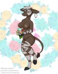  abstract_background anthro big_breasts boquete breasts ear_piercing ears_down female flower giraffid grey_eyes hi_res holding_object looking_down mammal nude okapi piercing pivoted_ears plant solo standing striped_body stripes unguligrade_anthro unguligrade_legs zhanbow 